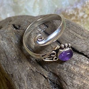 Amethyst Gemstone Dainty Adjustable Ring, cute setting and heart design.